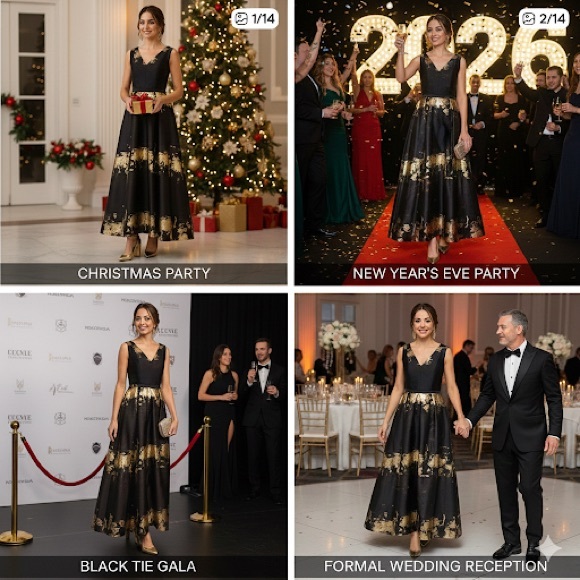 Alberto Makali Elegant Navy Gold V-Neck Sheer Back Wedding Guest Dress Size 6 - Picture 2 of 15